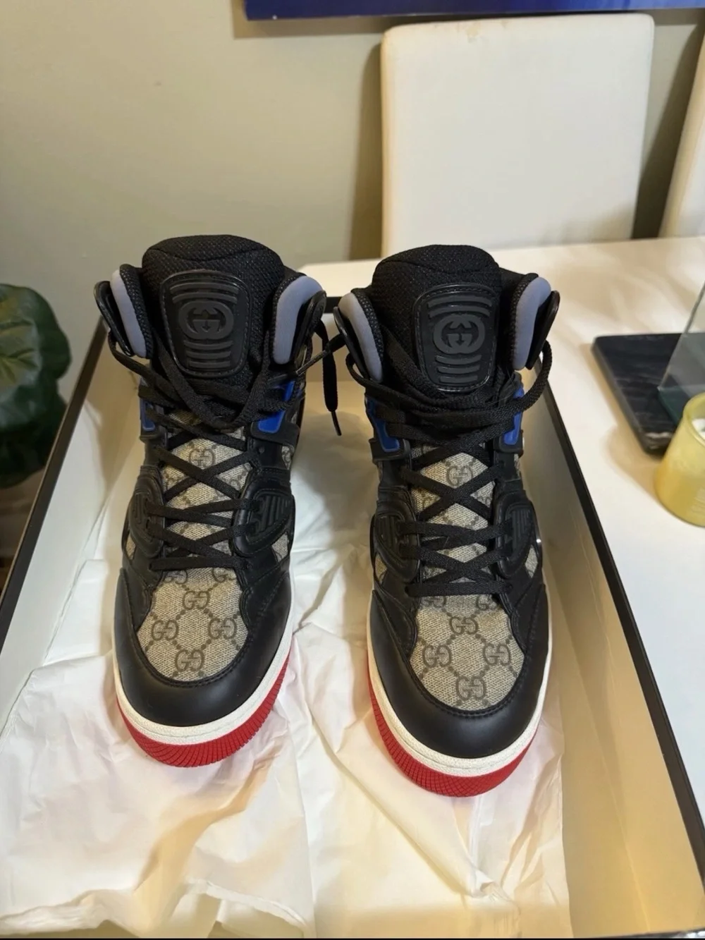 Gucci High-Top Sneakers in Black, Beige & Red with Blue Accents